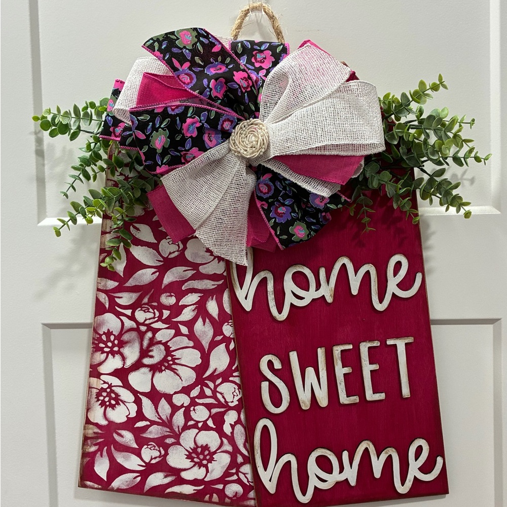 Home Sweet Home Door Hanger with Floral Bow - Magenta & White